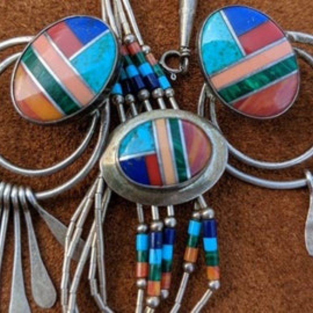 Vintage sterling silver, channel inlay, beaded Navajo earrings & bracelet set - Picture 2 of 5